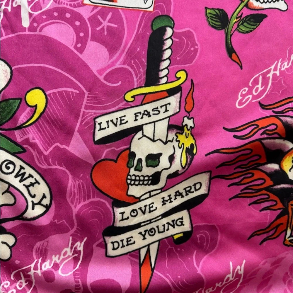 Ed Hardy Pink Skull Snake Tattoo Print Satin Scarf Wrap Y2K 43x43‎